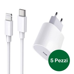 5 x Kit compatibile Alimentatore 20W + Cavo dati Type-C/Lightning (Blister - Bianco)